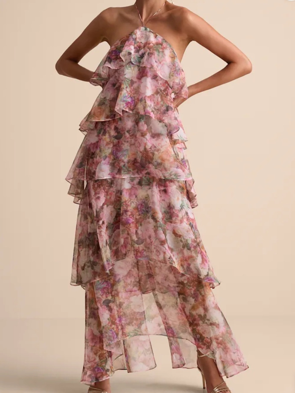 Lulus Melody Pink Floral Tiered Halter Maxi Dress